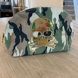Camo print toiletry bag with metallic skull motif